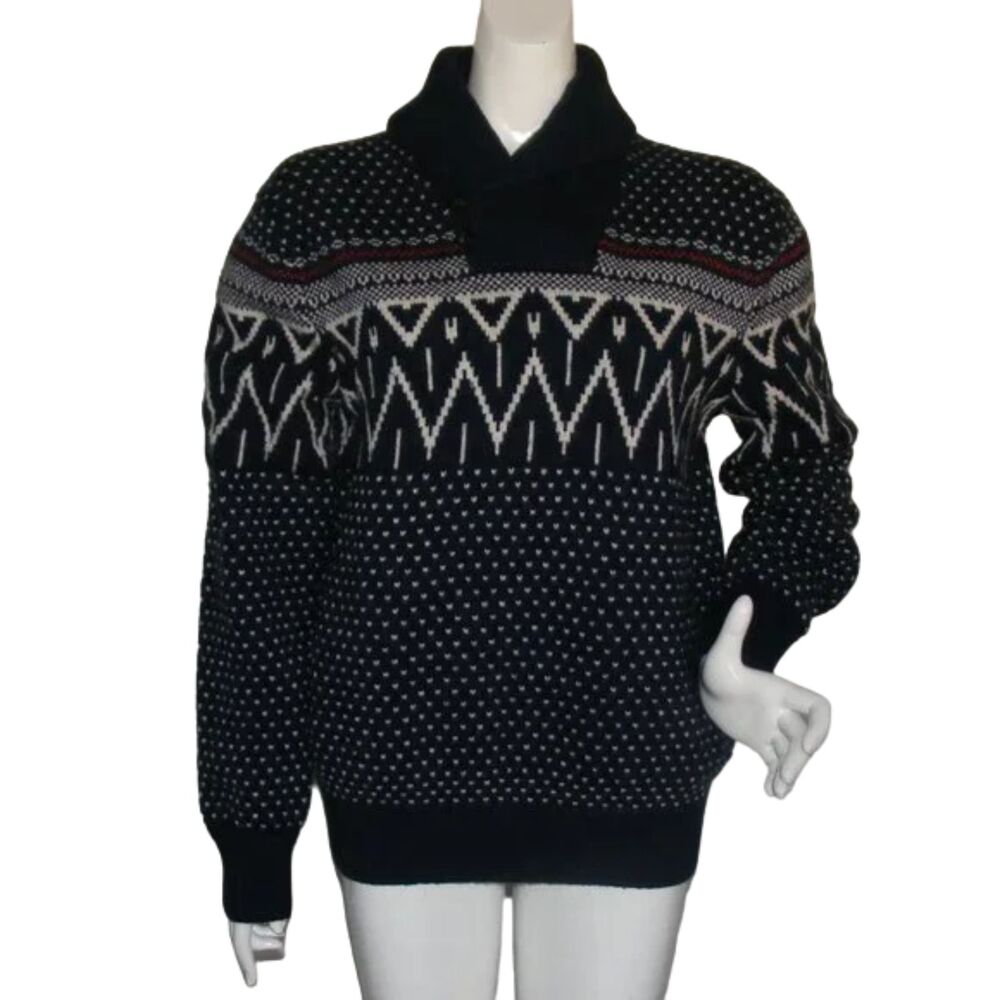 GAP Pullover Sweater, L, Fair Isle, Shawl Collar, Blue Lambswool/Nylon, Nordic